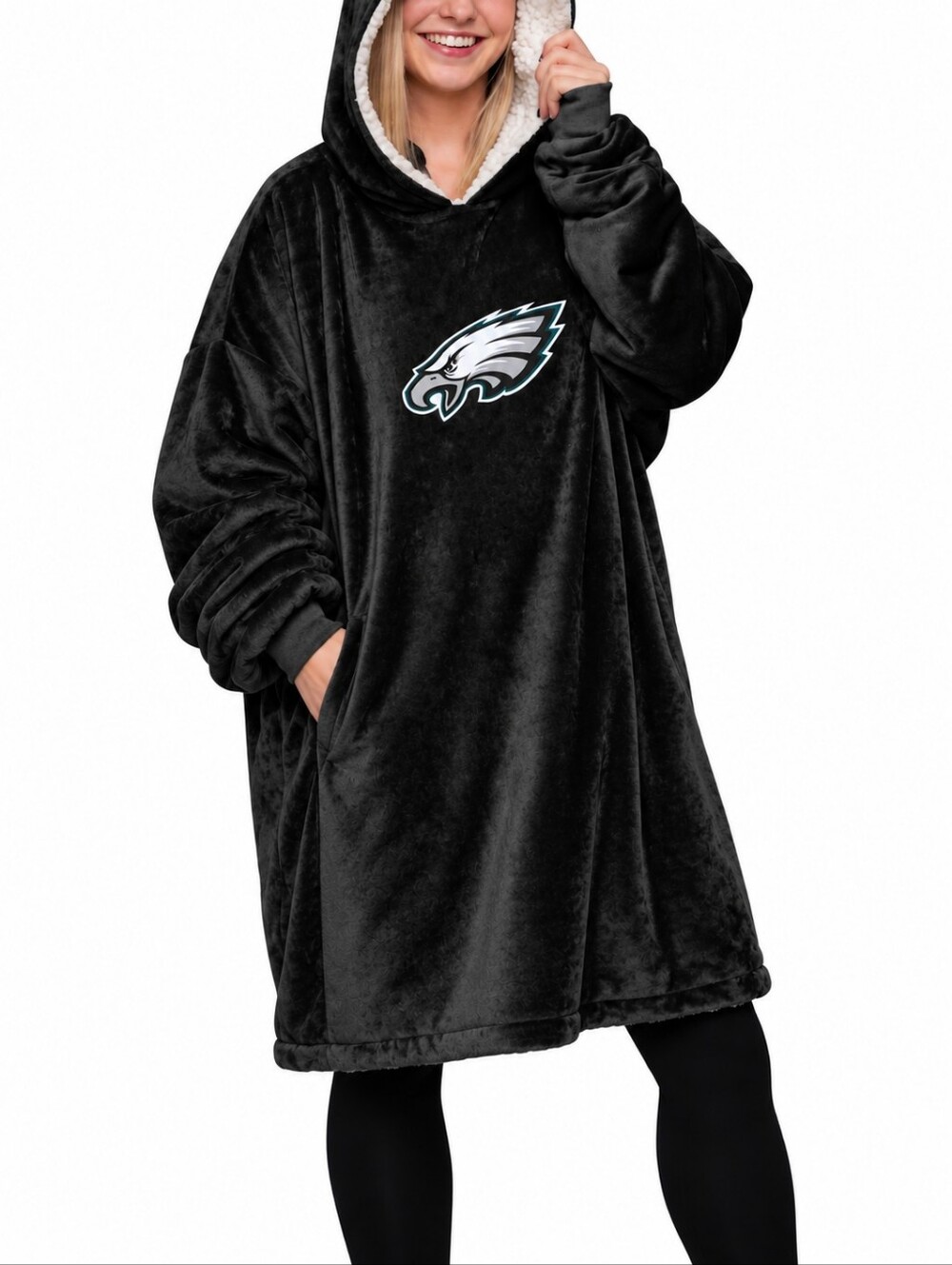 FOCO Philadelphia Eagles NFL Sherpa Blanket Hoodie Oversized Black NWT